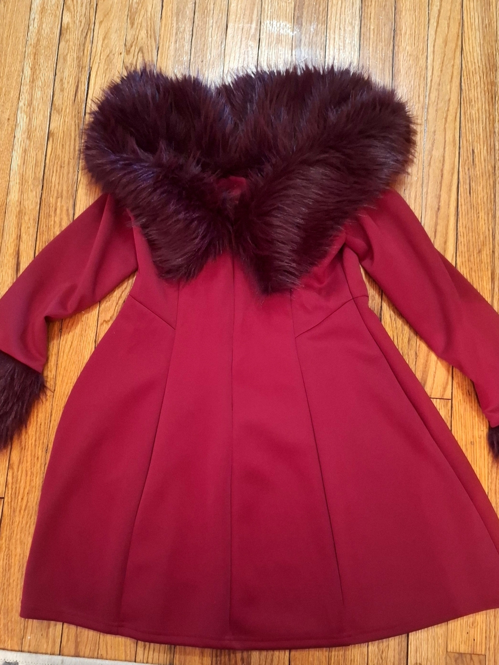 Faux Fur Trim A-Line Coat in Burgundy